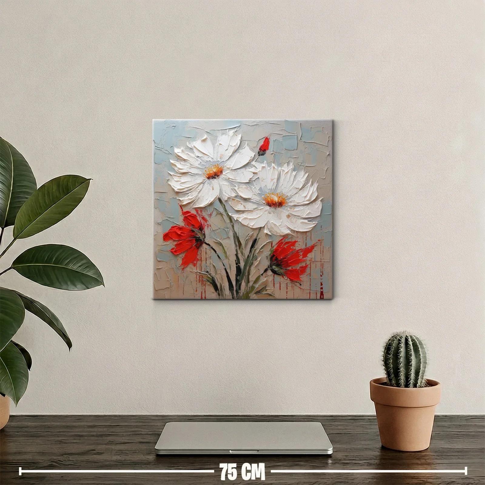 Cuadro floral en relieve con margaritas blancas y acentos rojos — miniatura 2