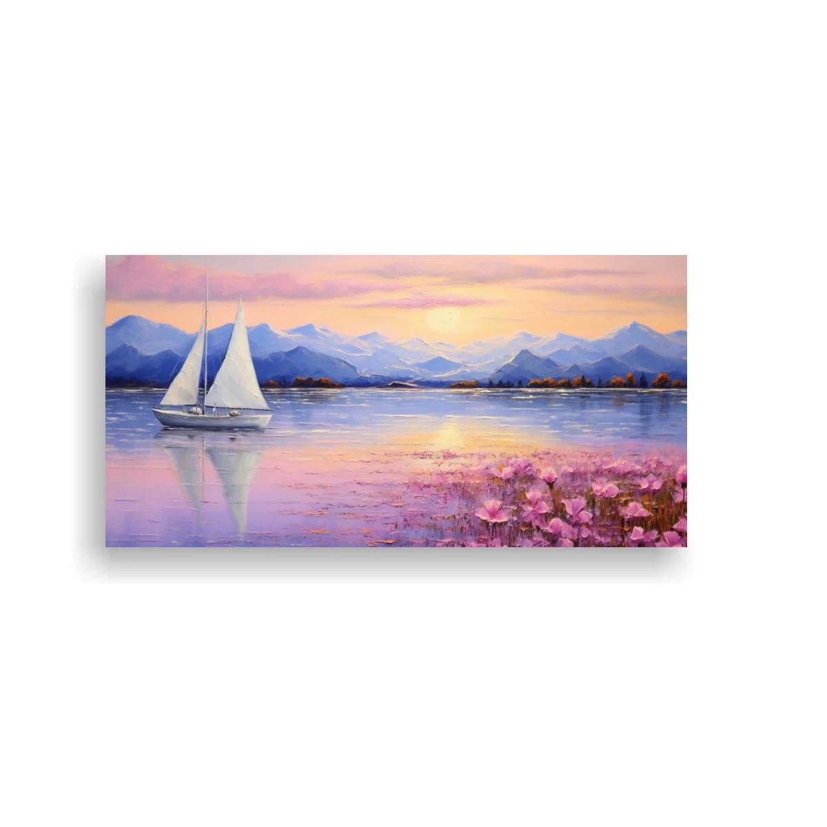 Cuadro velero blanco en un lago con flores rosadas