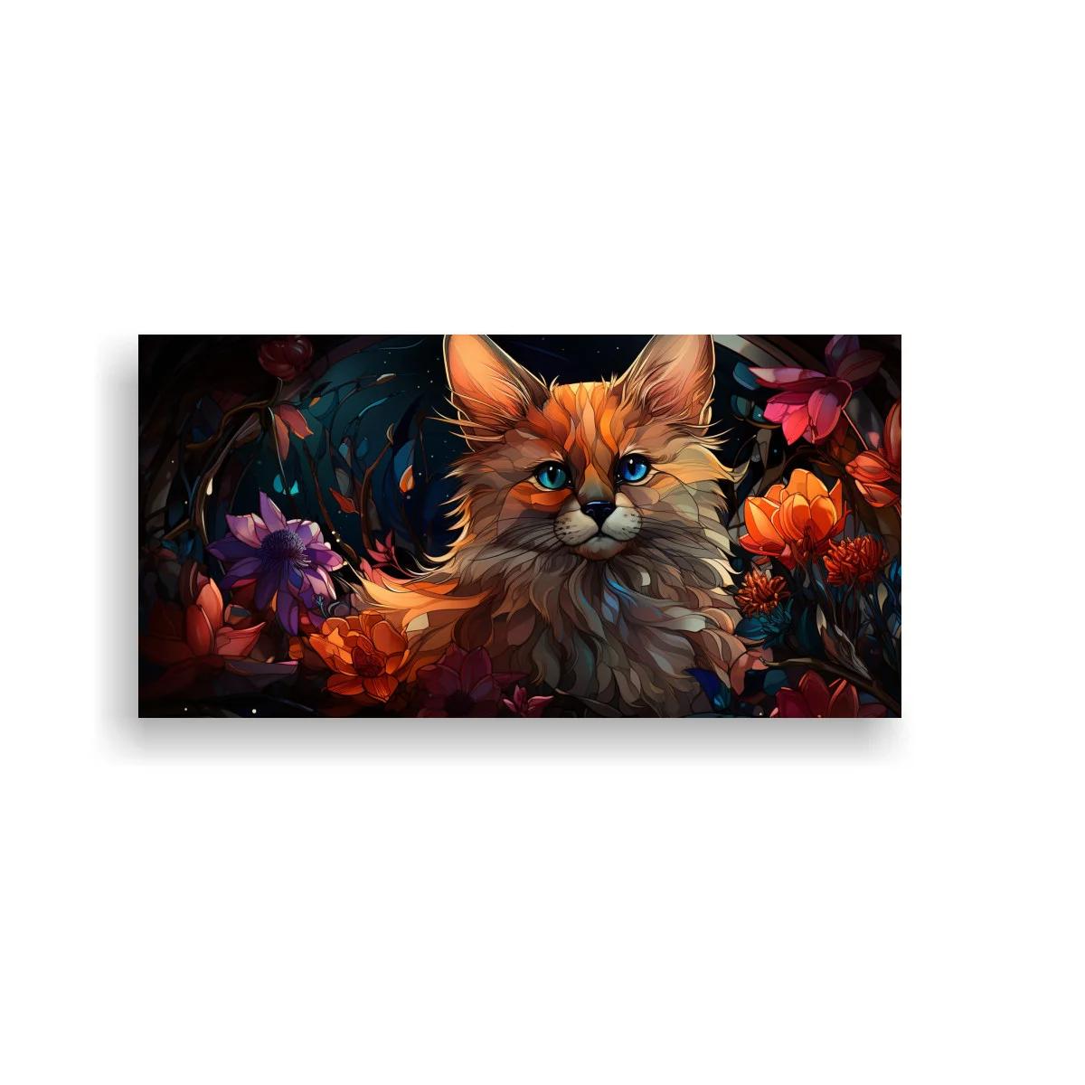 Cuadro gato pelirrojo de ojos azules rodeado de flores
