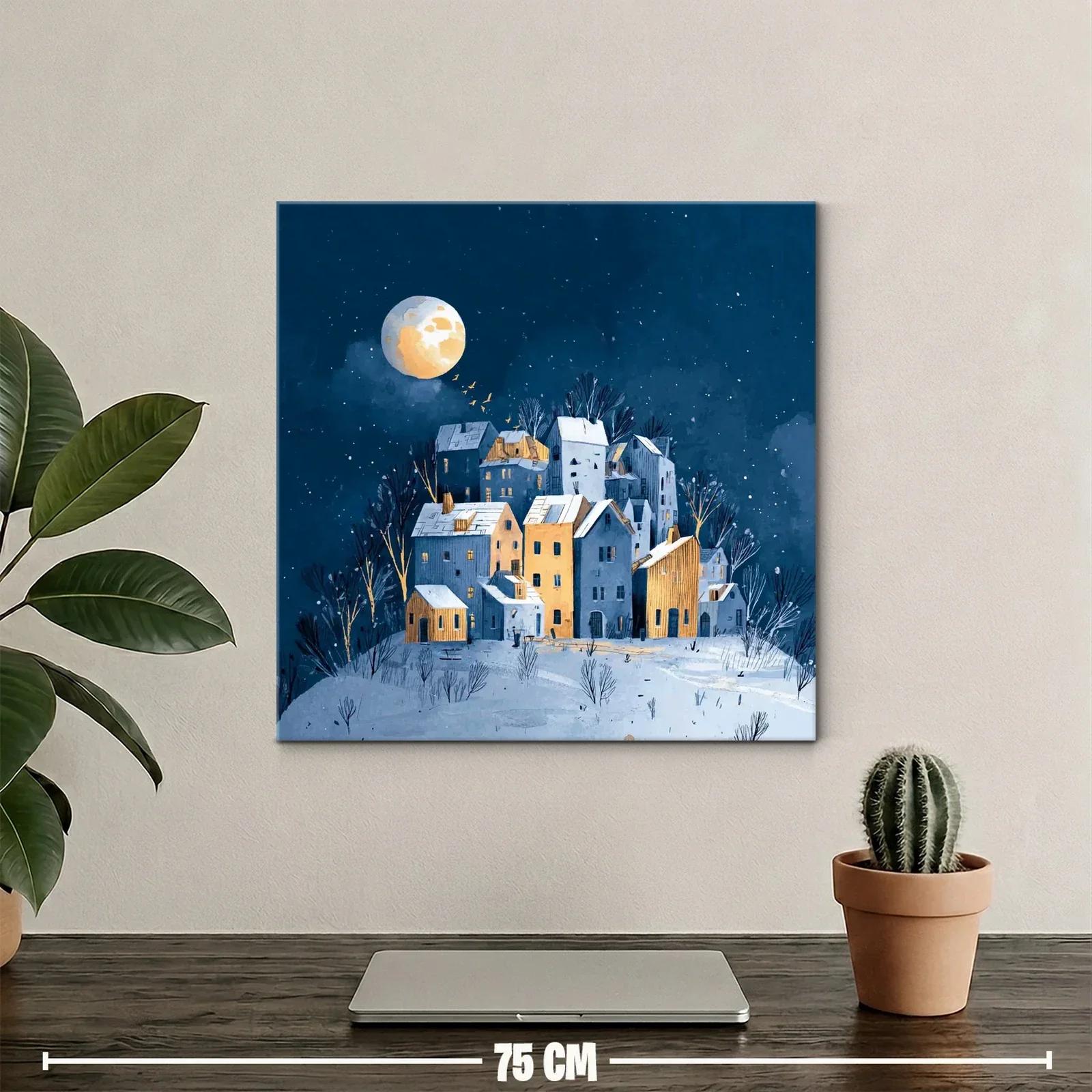 Paisaje nocturno con casas iluminadas y luna llena — miniatura 2