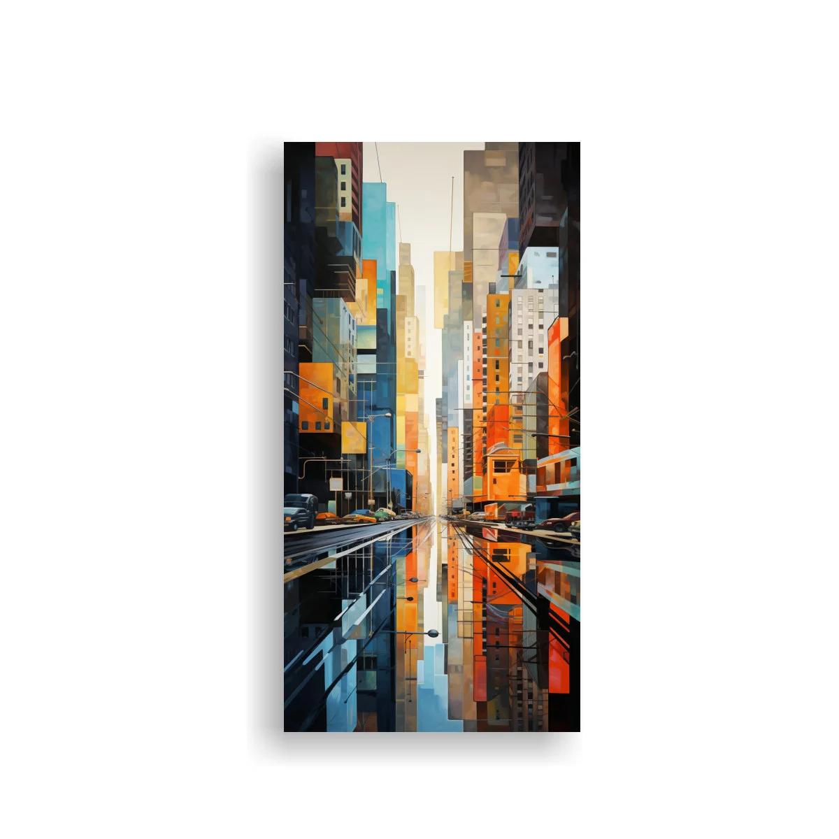 Cuadro avenida urbana con rascacielos y reflejos intensos