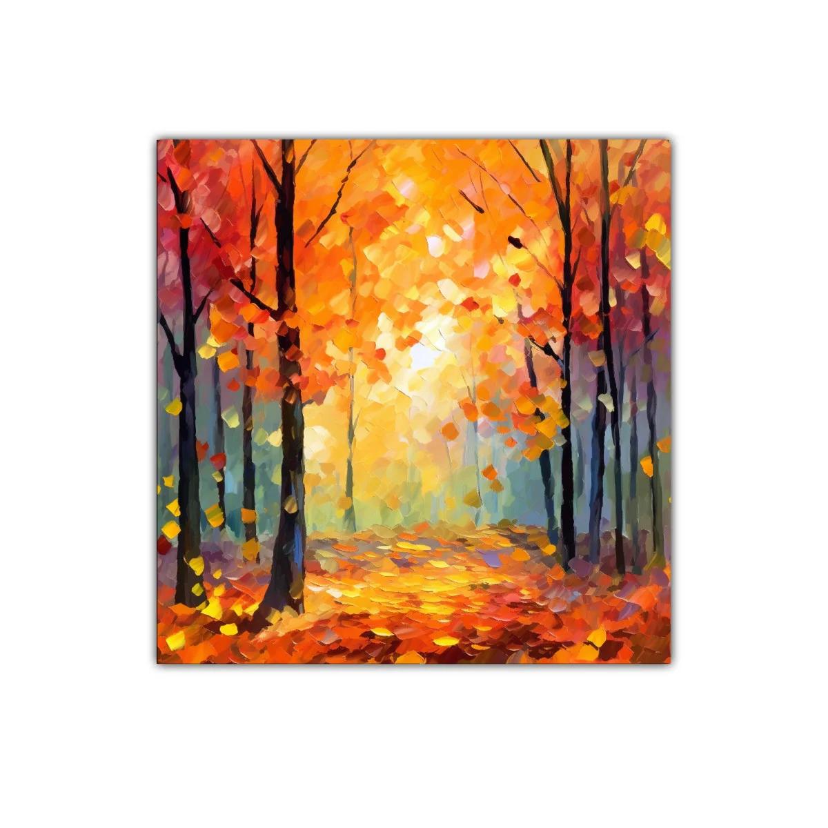 Cuadro decorativo de bosque otoñal con vibrante luz dorada