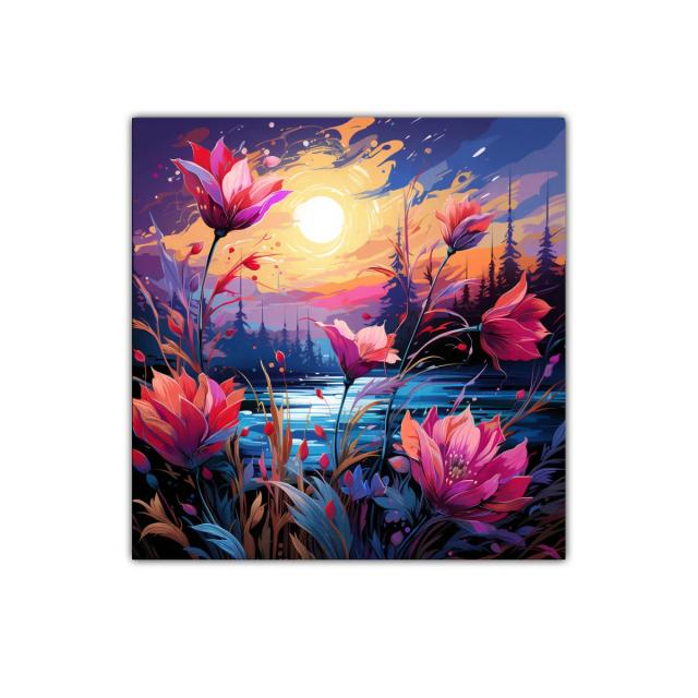 Floración vibrante al atardecer junto al lago sereno