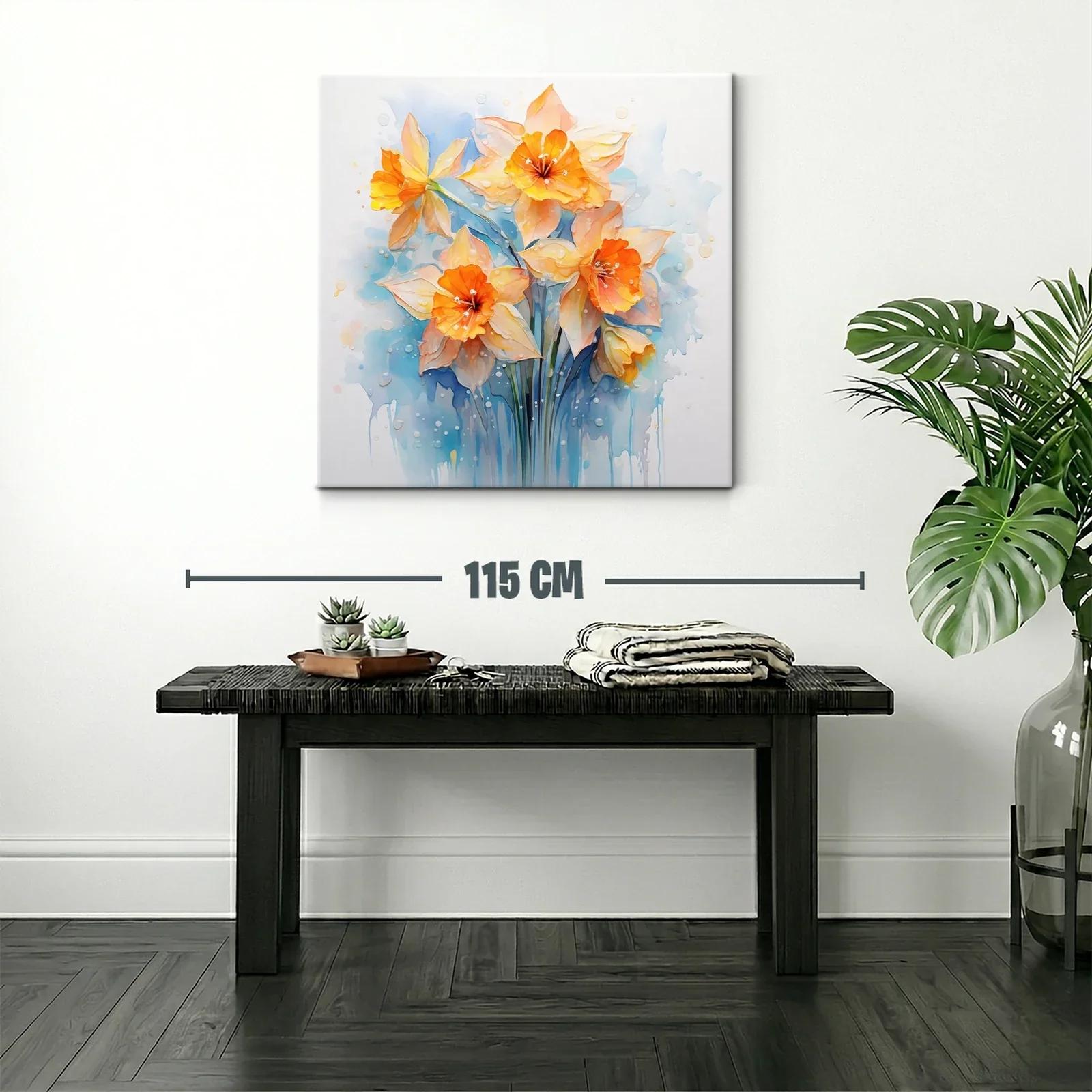 Cuadro floral con narcisos en tonos cálidos y azules suaves — miniatura 2