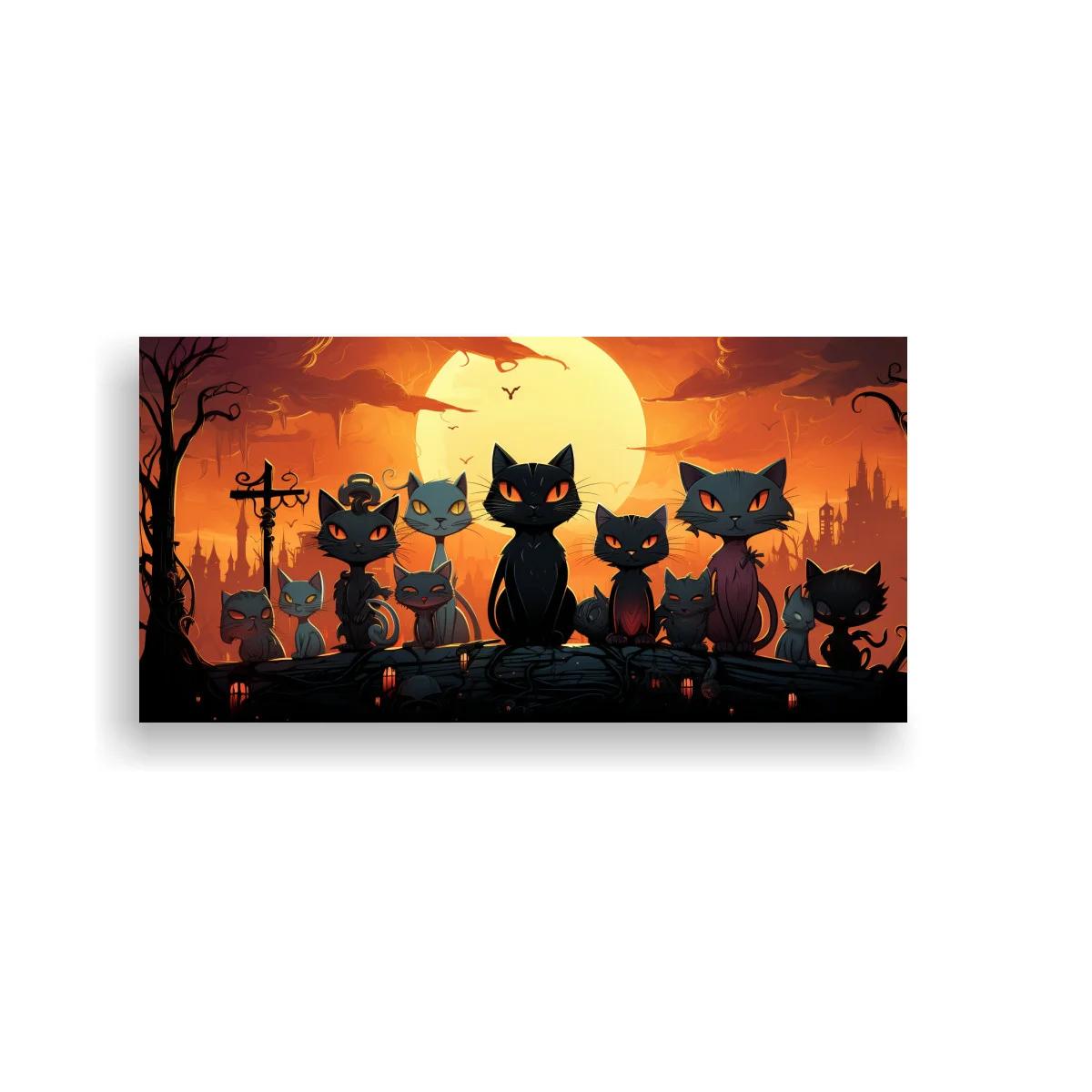 Cuadro gatos negros con luna llena y castillo embrujado