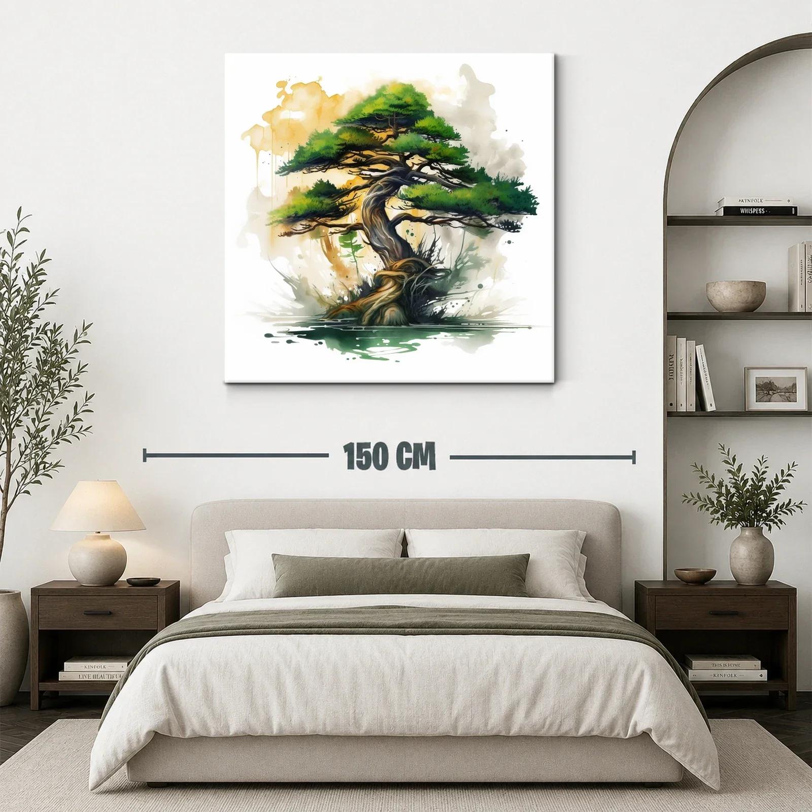 Árbol bonsái con tonos verdes y dorados en acuarela moderna — miniatura 3