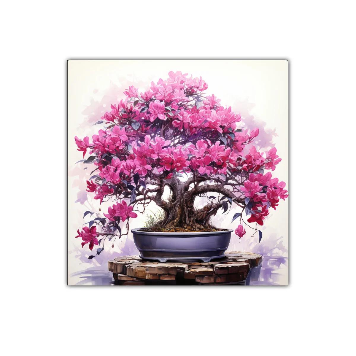 Cuadro decorativo con bonsái de flores rosadas vibrantes
