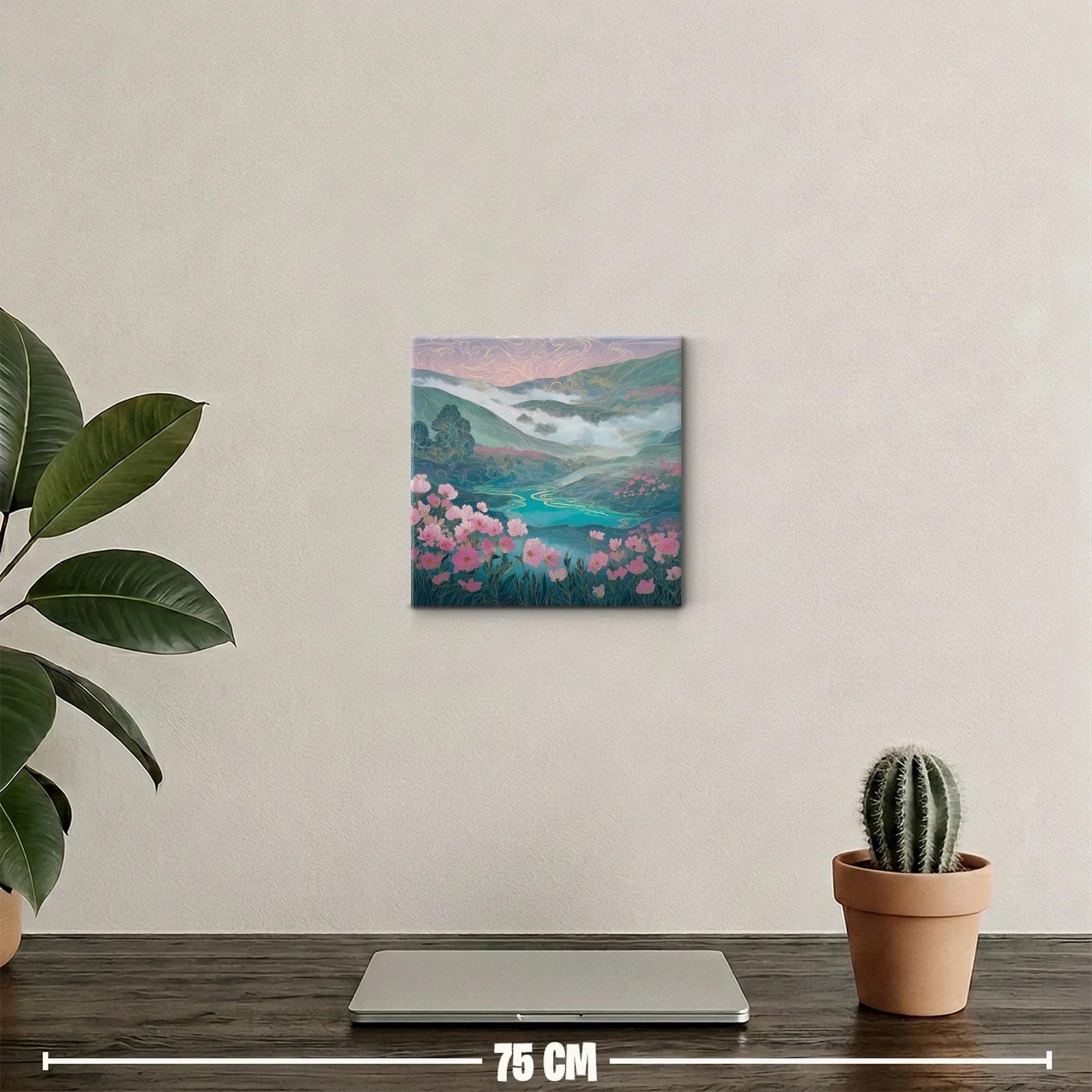 Paisaje floral con lago y montañas en tonos suaves — miniatura 2