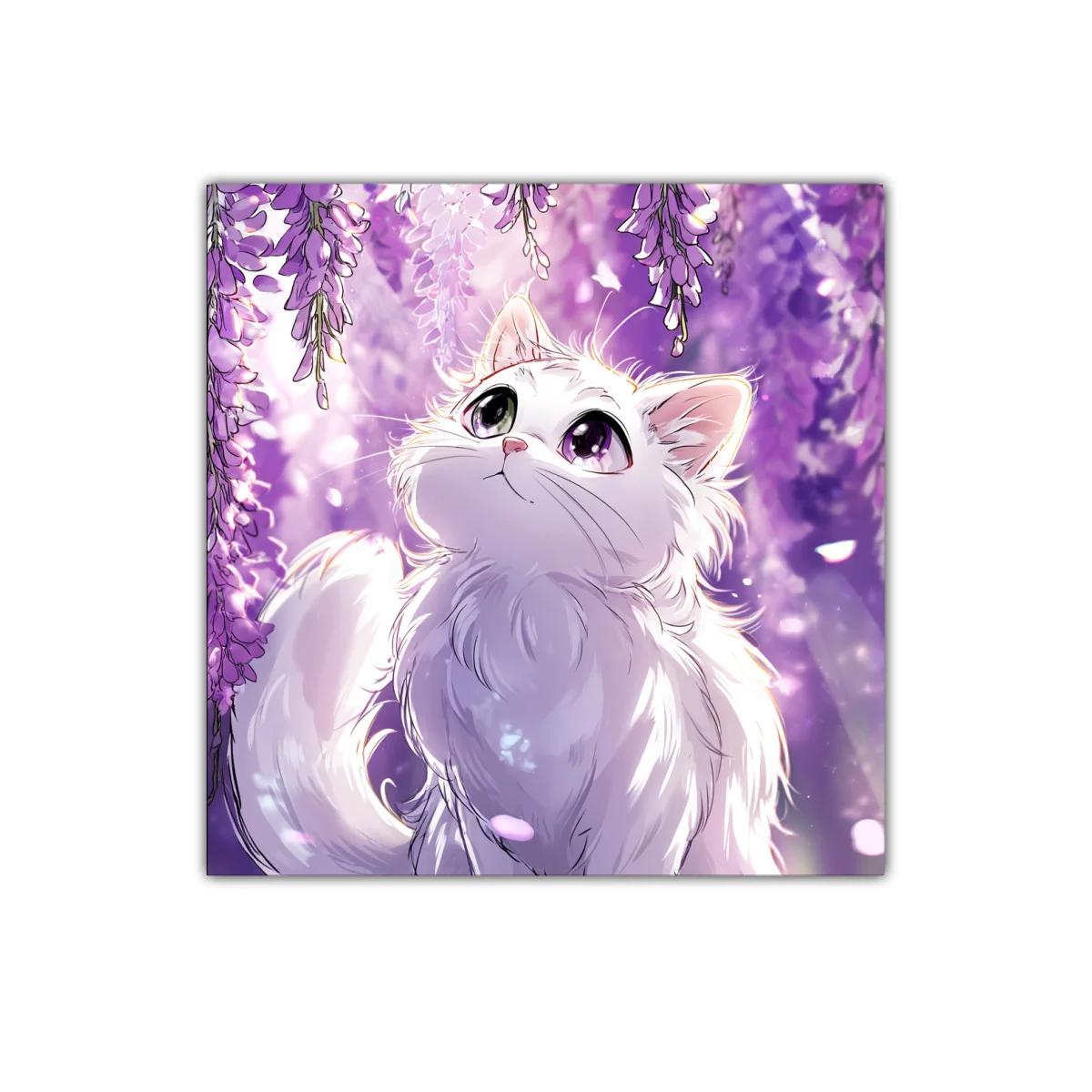 Encantador gato blanco entre flores lilas y luz suave — imagen principal