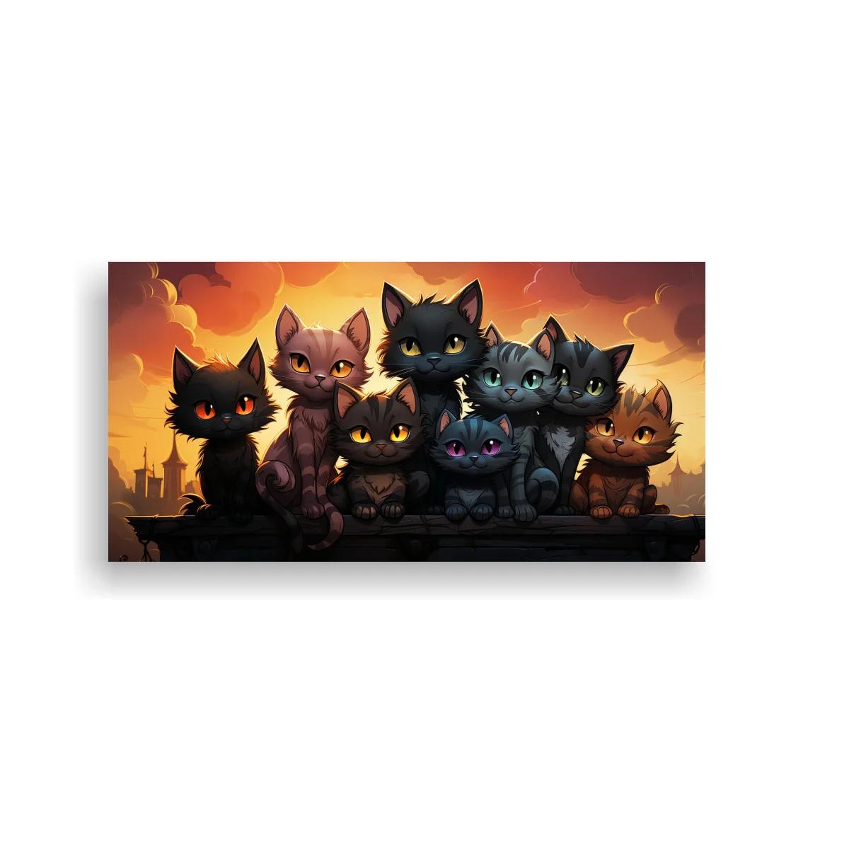 Cuadro grupo de gatos con cielo anaranjado