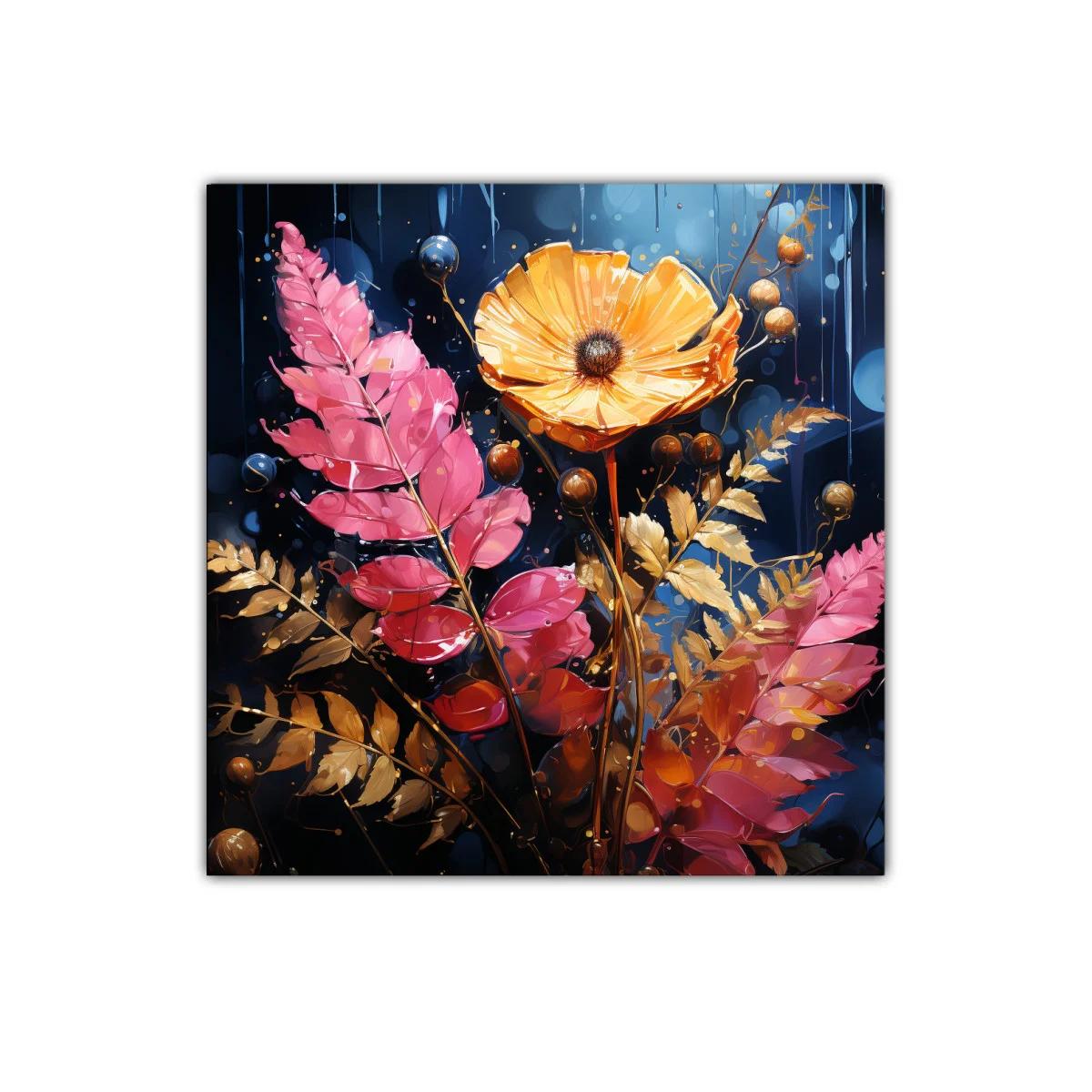 Cuadro decorativo con flores en tonos cálidos y fondo oscuro — imagen principal