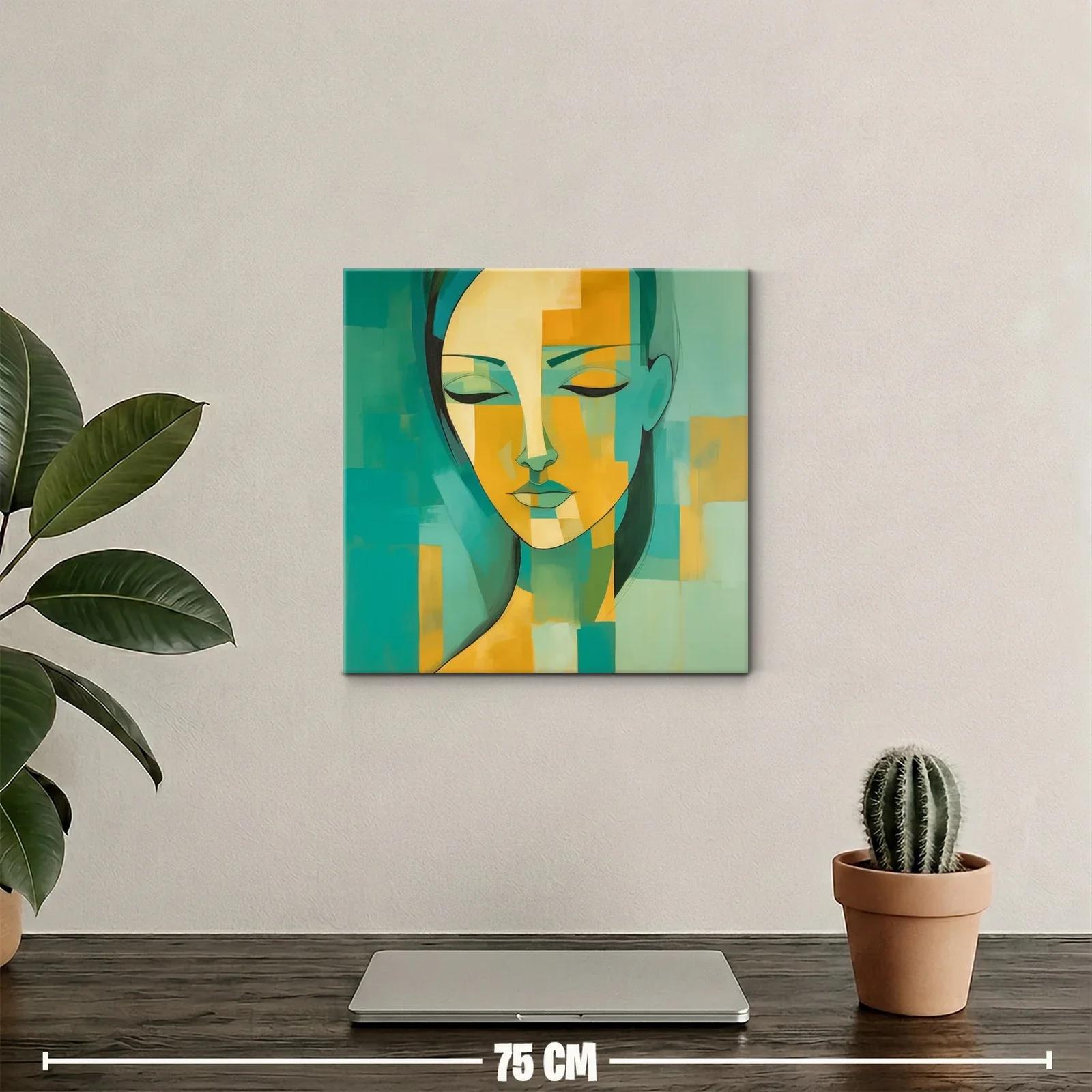 Cuadro abstracto rostro femenino en tonos verdes y amarillos — miniatura 2