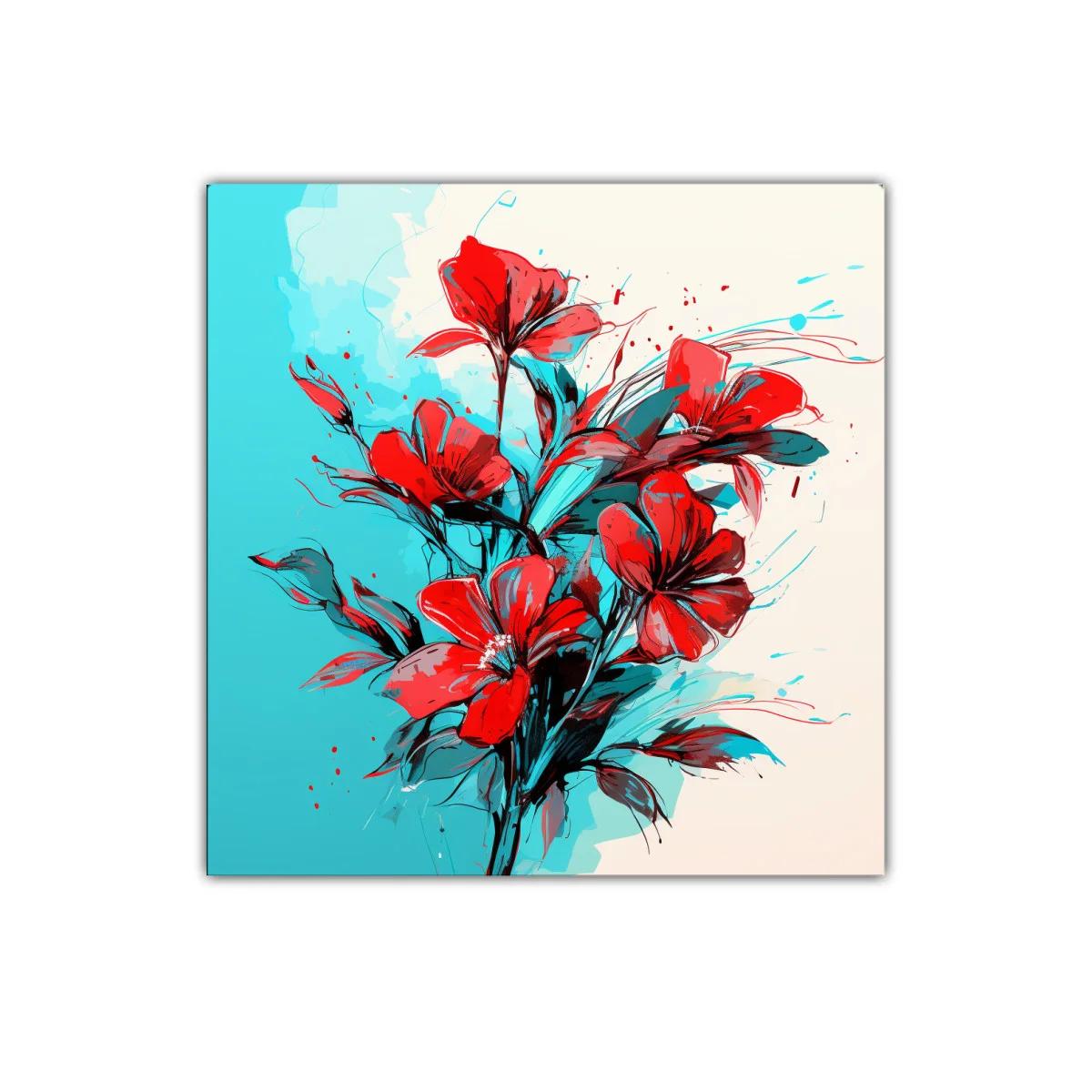 Ramo vibrante de flores rojas sobre fondo azul y beige — imagen principal