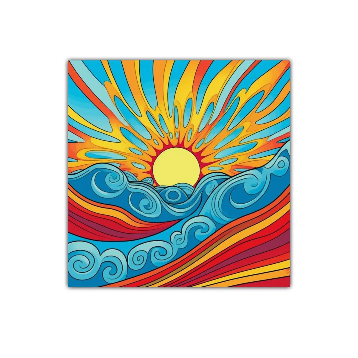 Cuadro decorativo sol radiante sobre olas estilizadas — imagen principal