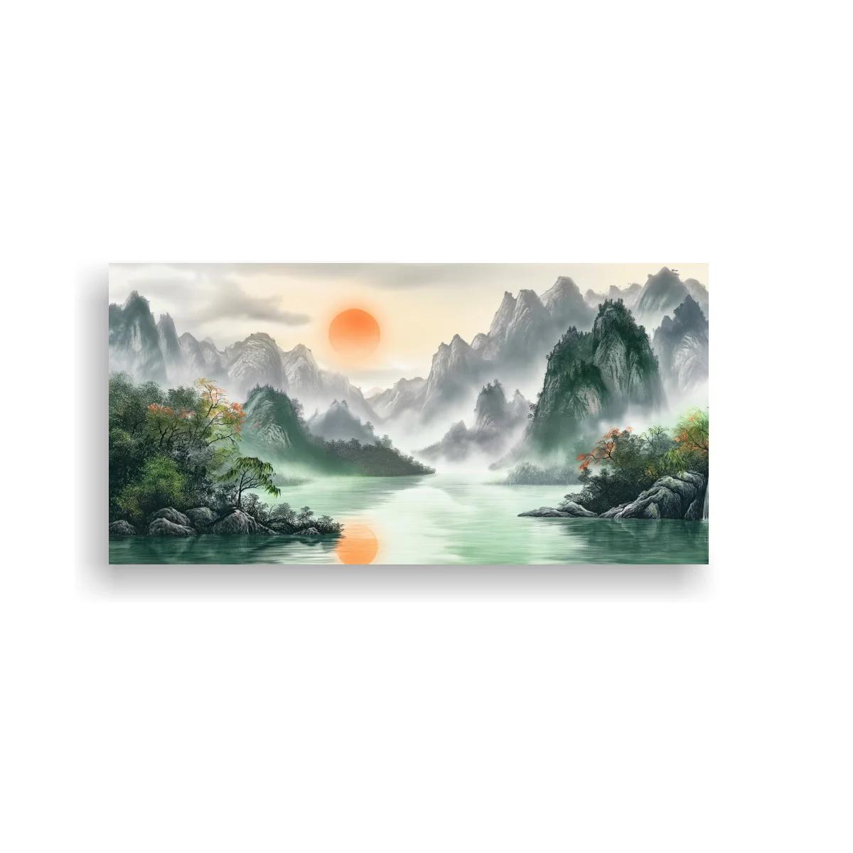 Cuadro paisaje de montañas con lago y sol naranja