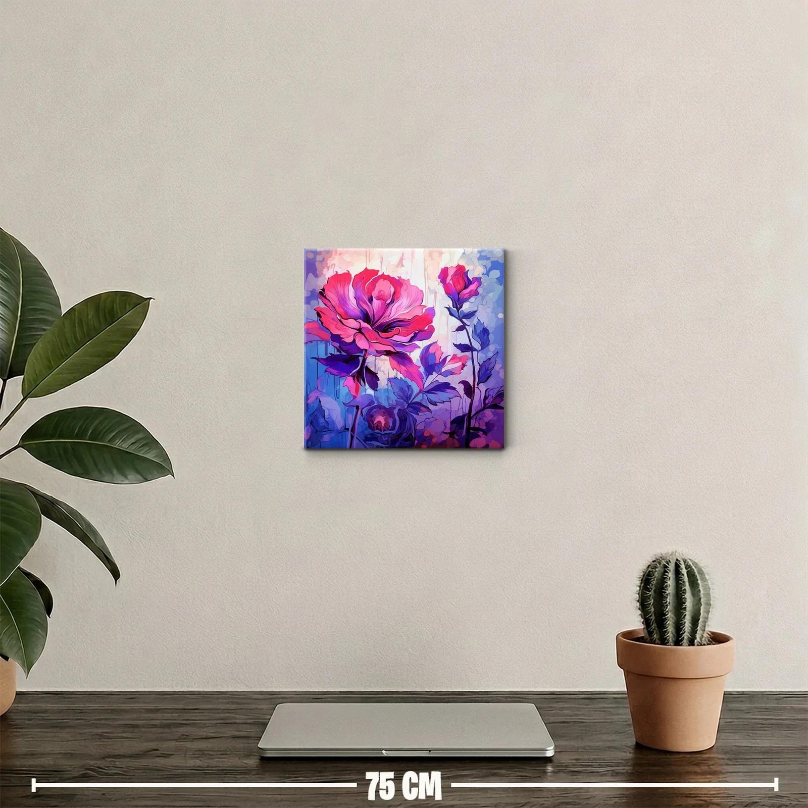 Cuadro decorativo con flores en tonos rosa y azul vibrantes — miniatura 2