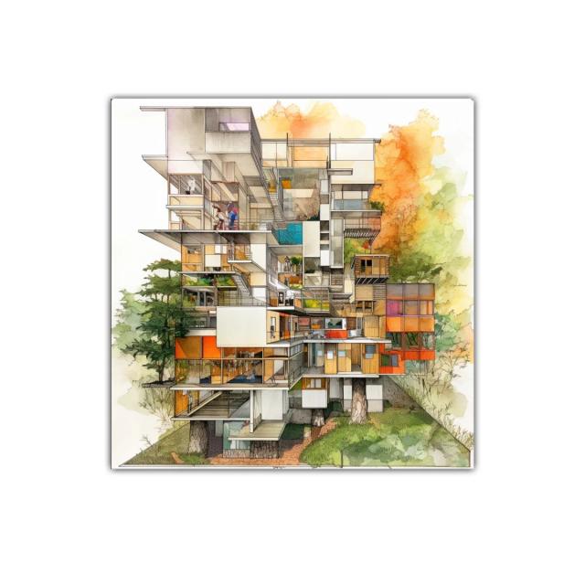 Composición arquitectónica con vibrantes tonos otoñales