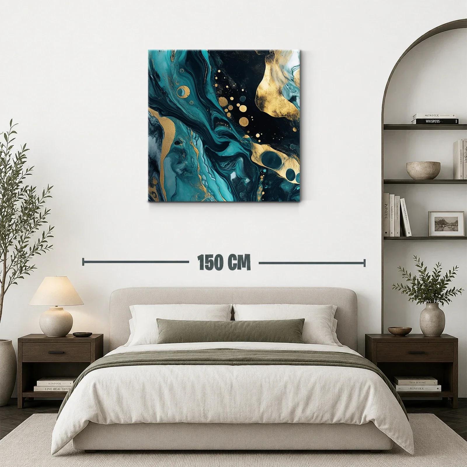 Cuadro abstracto con tonos turquesa y dorado vibrante — miniatura 3