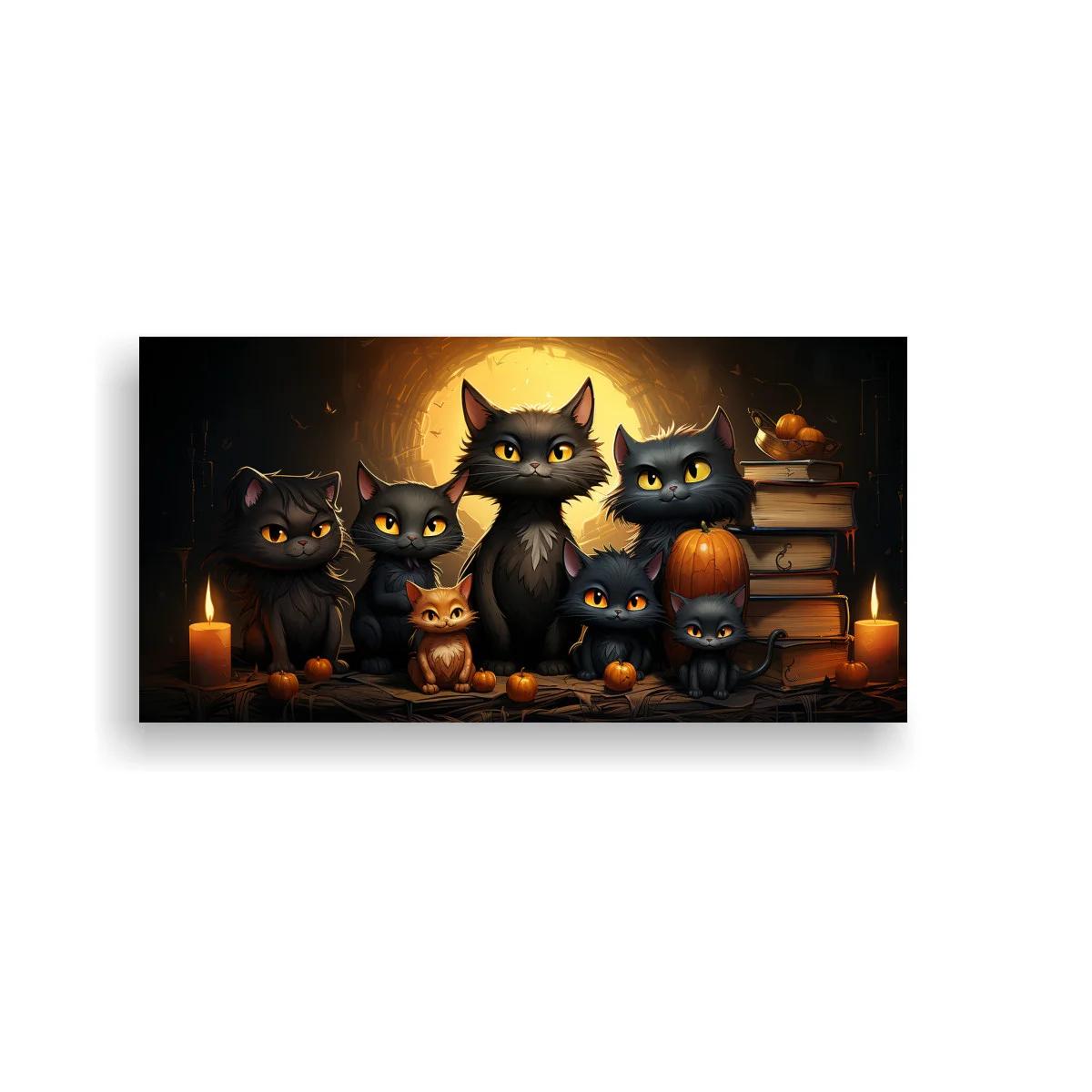 Cuadro familia de gatos negros con gatito naranja y velas