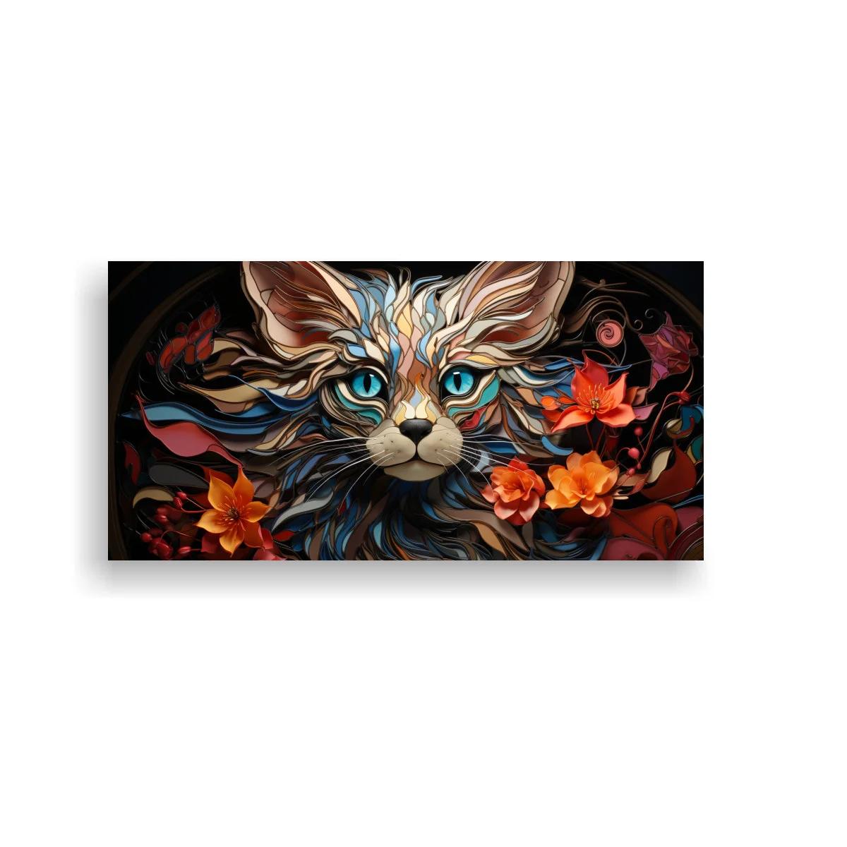 Cuadro gato de pelo largo con ojos azules y flores tropicales