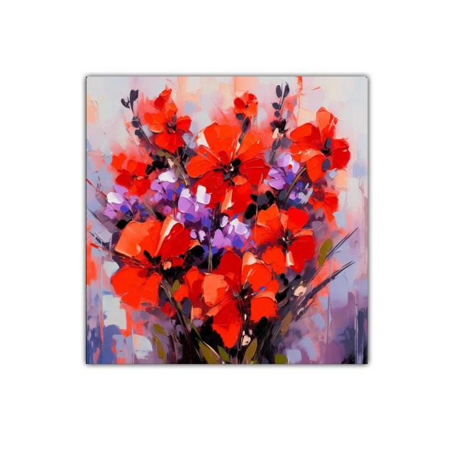Cuadro decorativo con ramo vibrante de flores rojas y lilas
