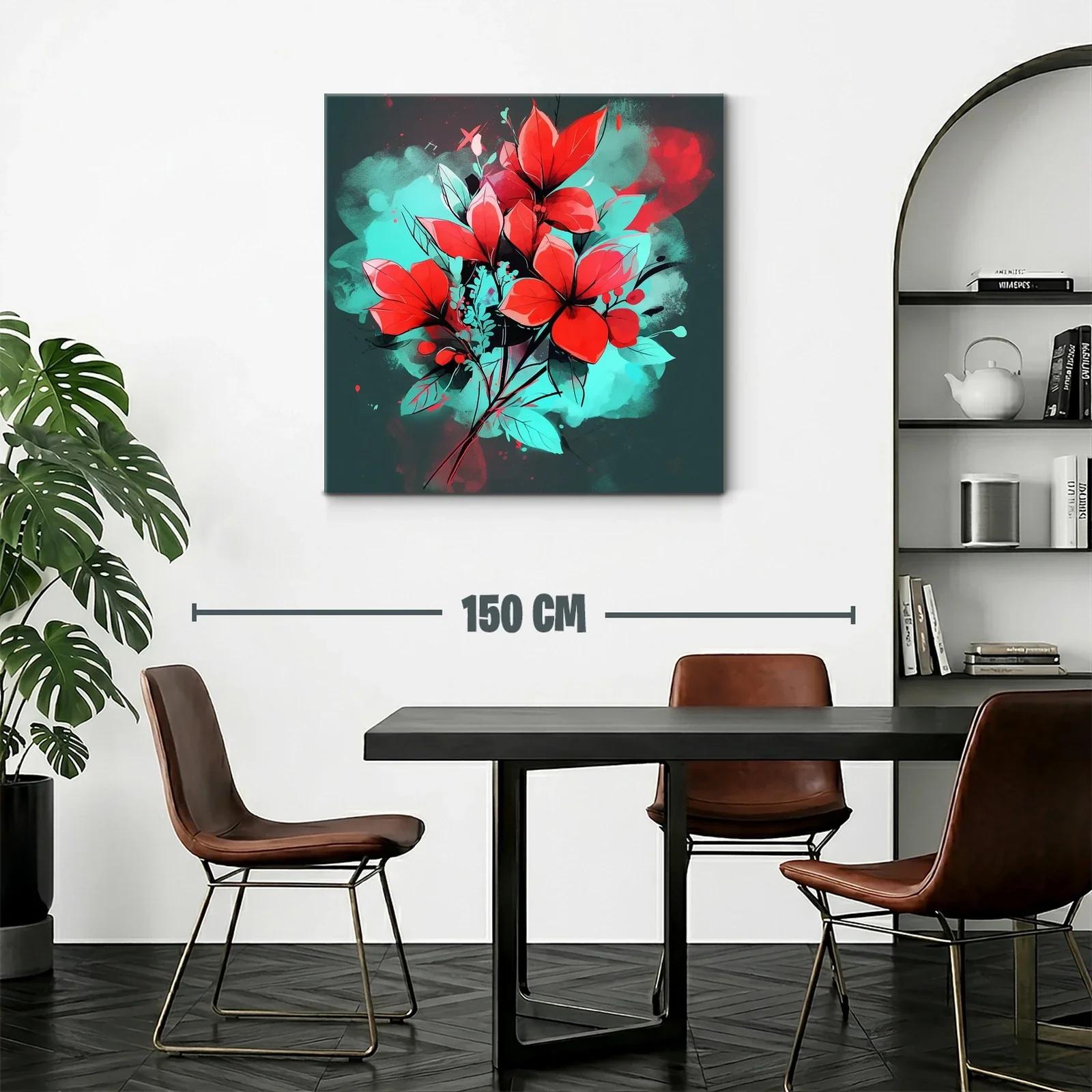 Cuadro floral vibrante con contraste rojo y turquesa — miniatura 2