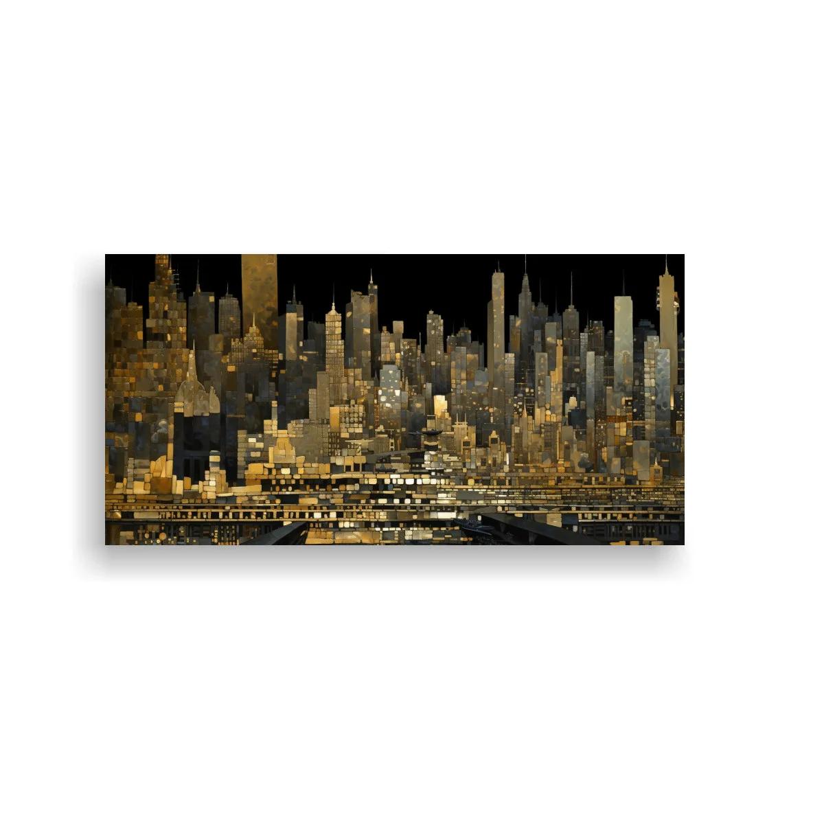 Cuadro skyline urbano nocturno con ventanas iluminadas