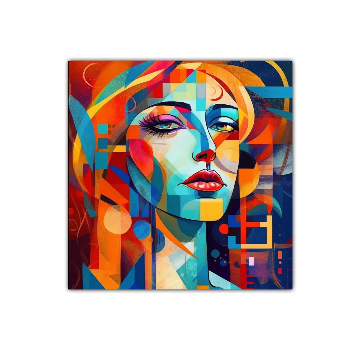 Rostro femenino en vibrante composición geométrica y colorida — imagen principal