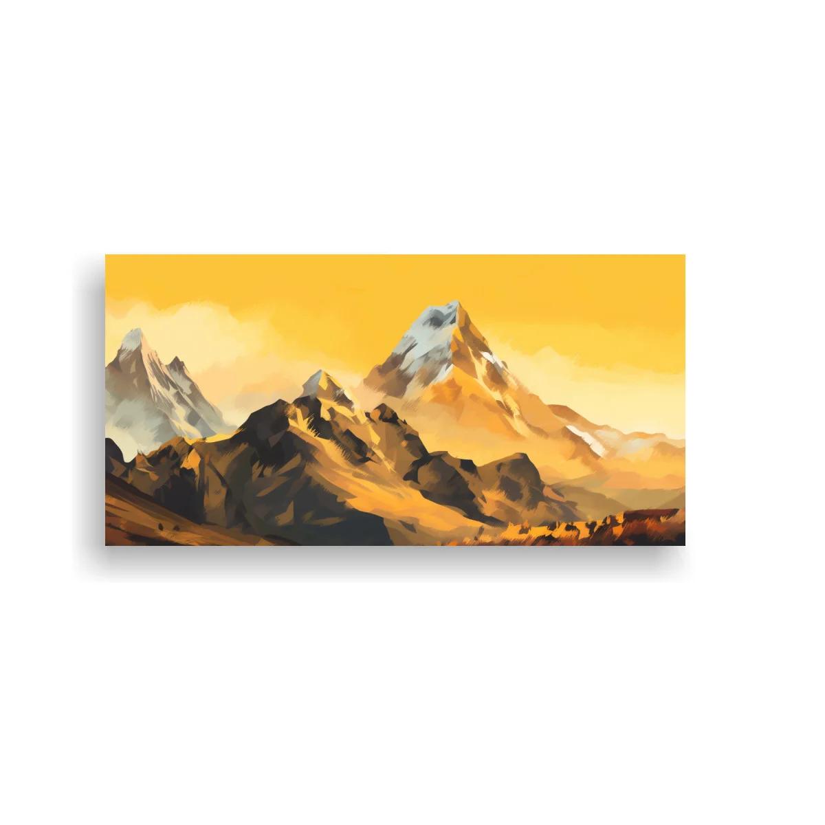 Cuadro cordillera de montañas con cumbres nevadas y neblina