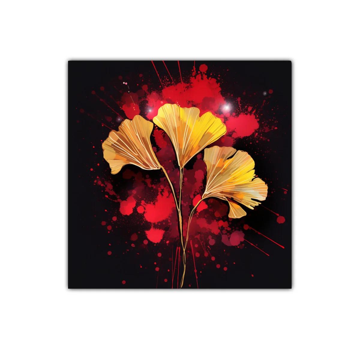 Flores doradas sobre fondo negro y rojo vibrante
