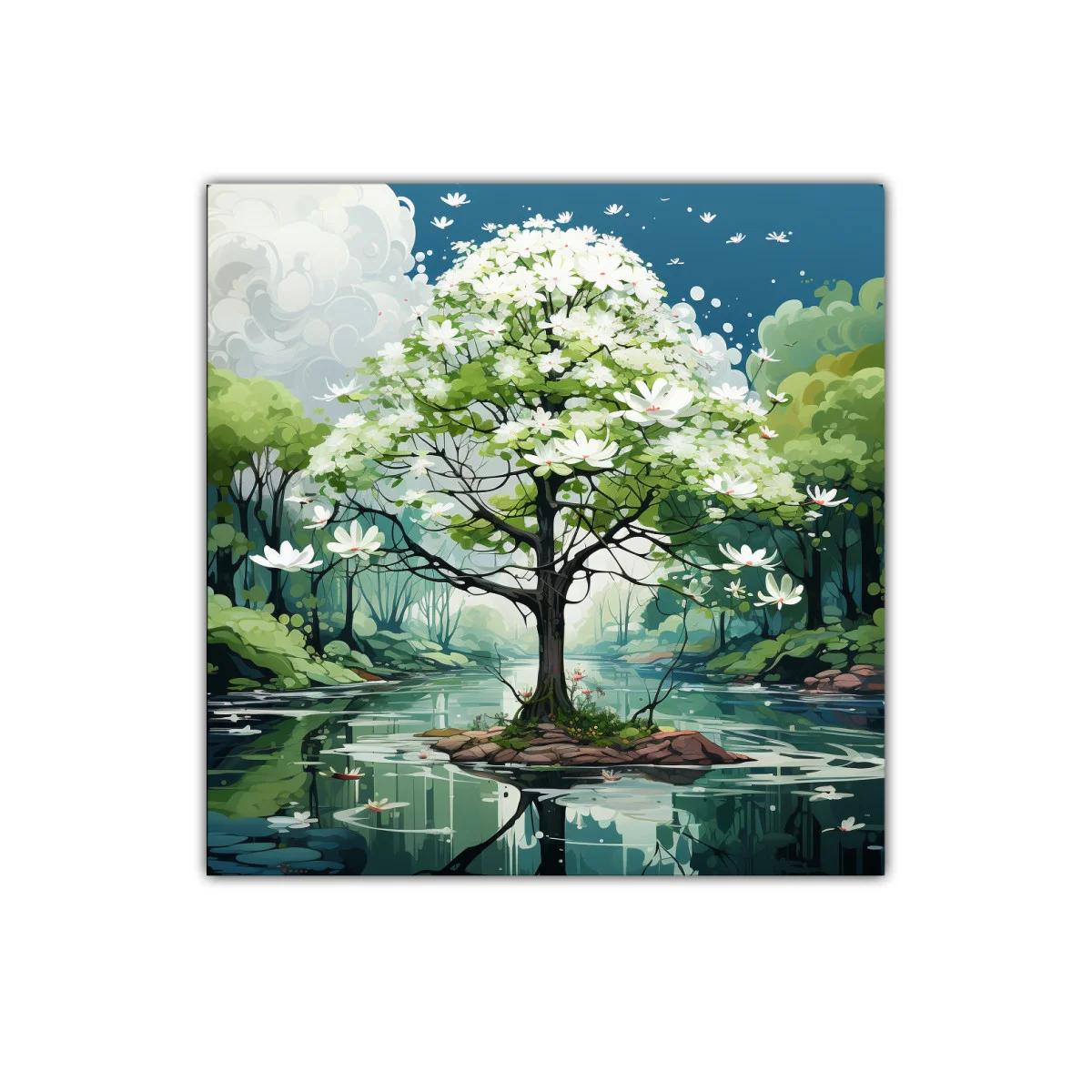 Árbol en flor sobre lago sereno con paisaje natural