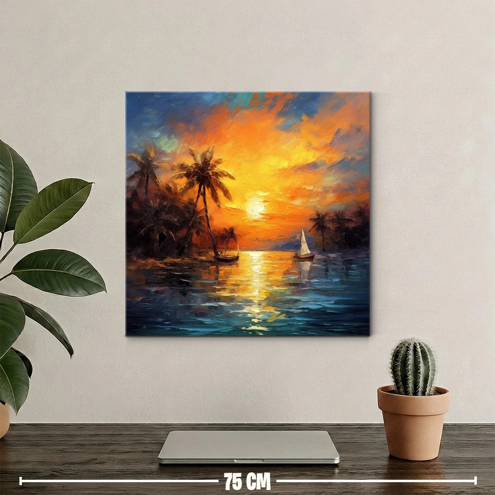 Atardecer tropical con palmeras y barco de vela sobre el mar — miniatura 2