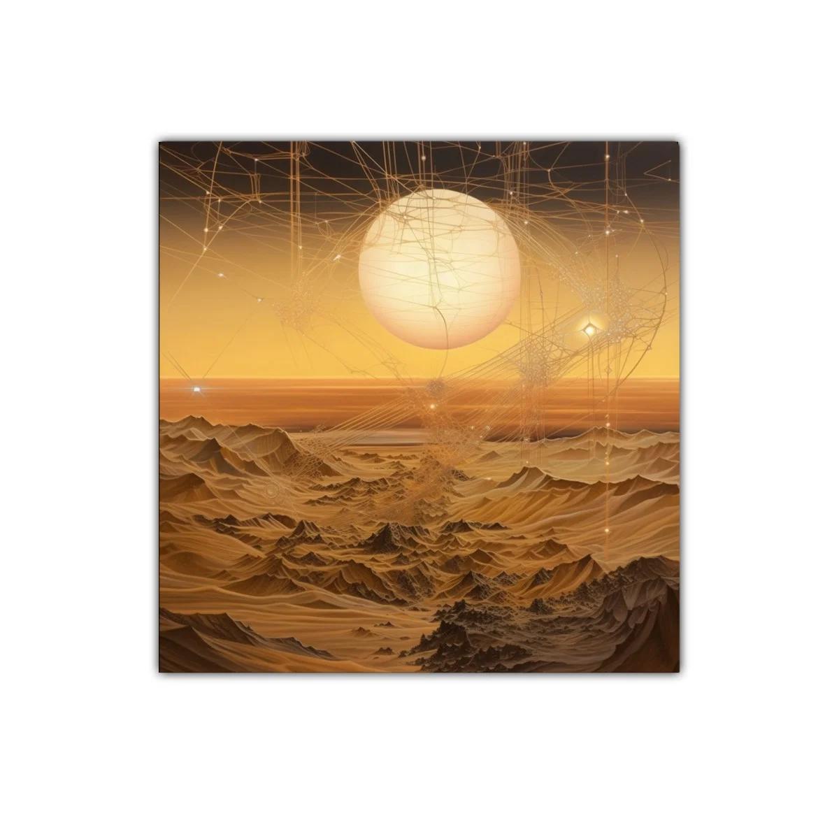 Paisaje surrealista con sol dorado y formas etéreas