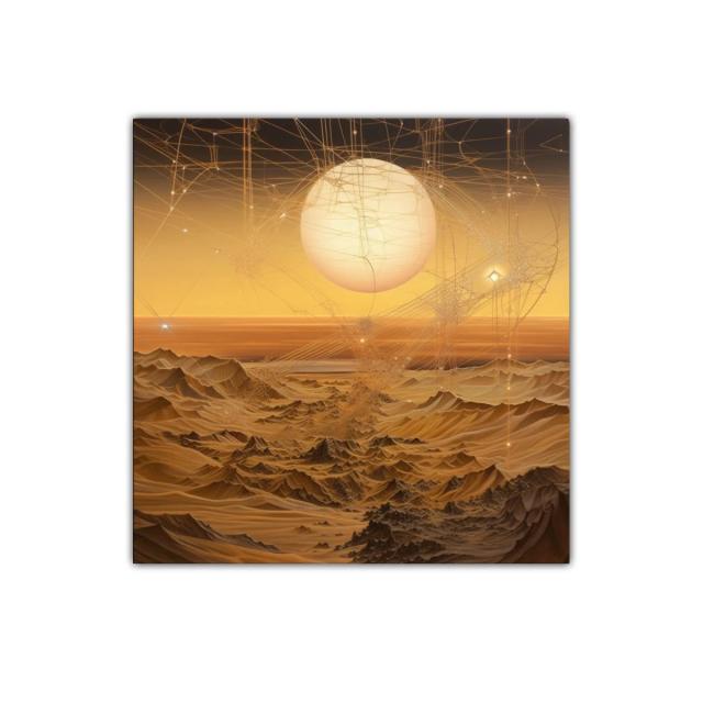 Paisaje surrealista con sol dorado y formas etéreas