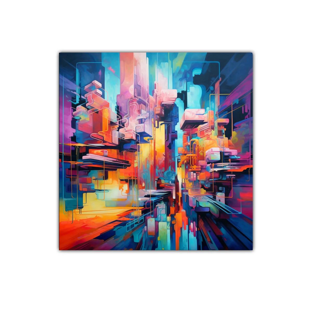 Cuadro abstracto con vibrante ciudad futurista en colores vivos — miniatura 1