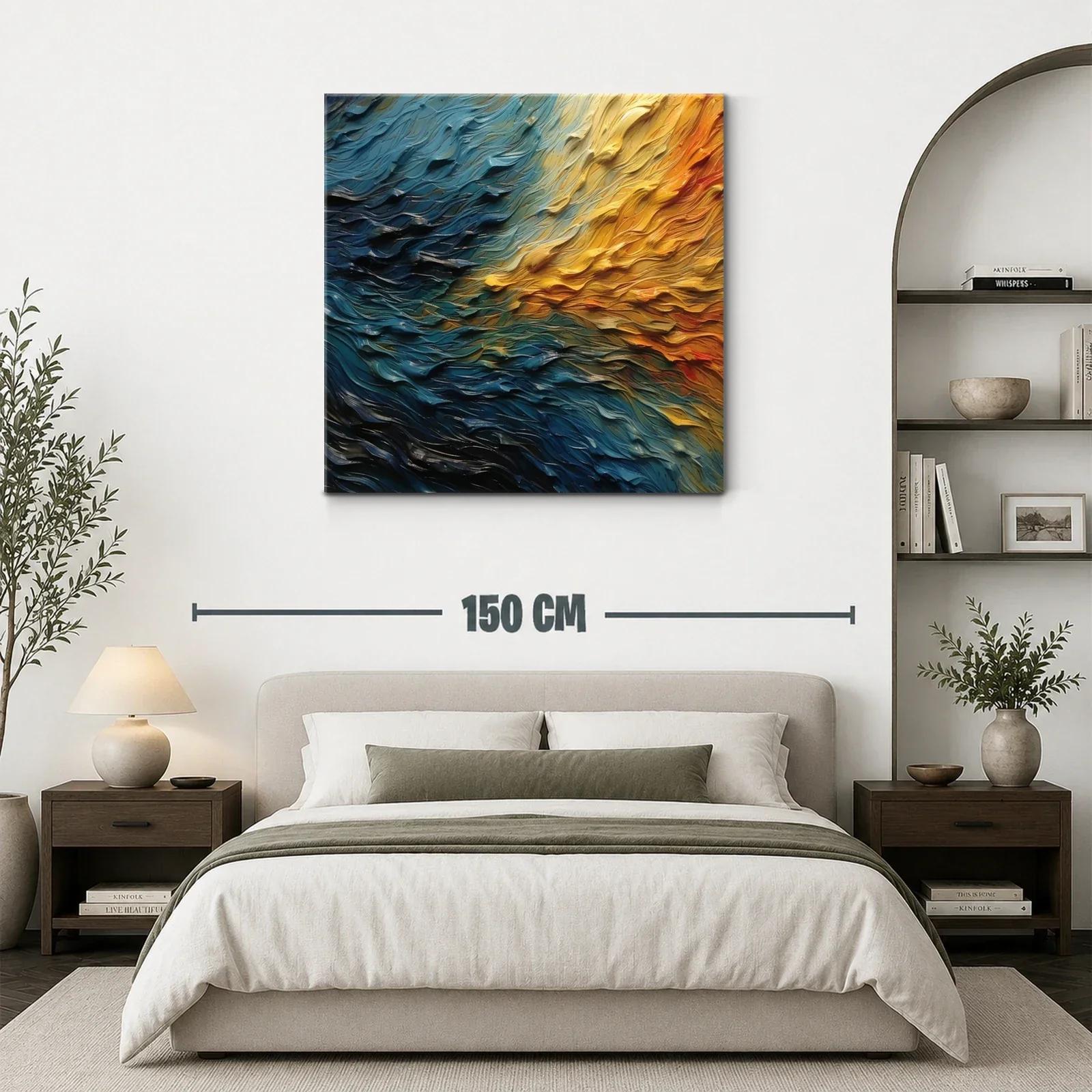 Cuadro abstracto con textura ondulada en tonos cálidos y fríos — miniatura 3