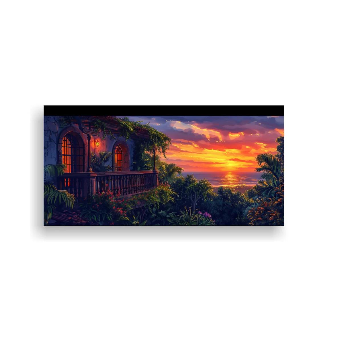 Cuadro casa tropical al atardecer con cielo violeta y dorado