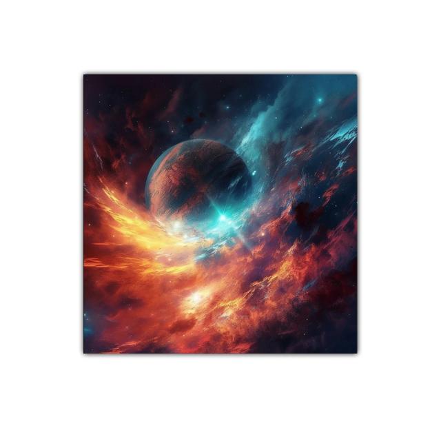 Explosión cósmica con planeta en tonos intensos y vibrantes