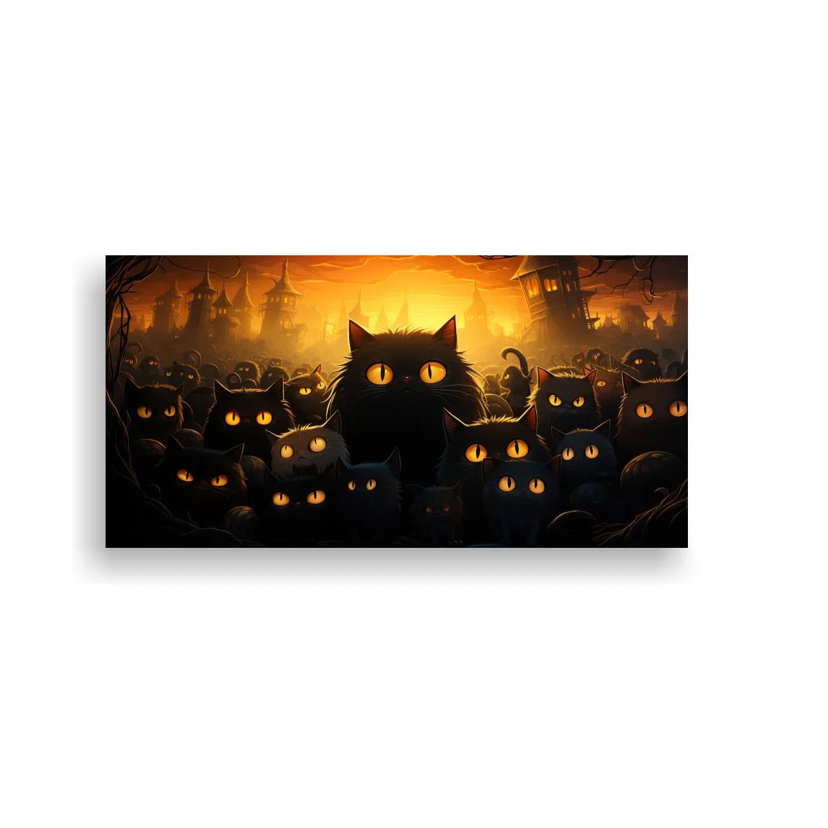 Cuadro grupo de gatos negros con ojos brillantes y castillo naranja — imagen principal