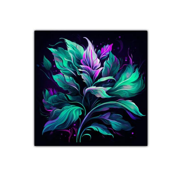 Cuadro decorativo de hojas vibrantes en tonos verdes y violetas