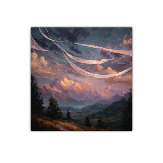 Paisaje montañoso con cielo dramático y nubes cálidas