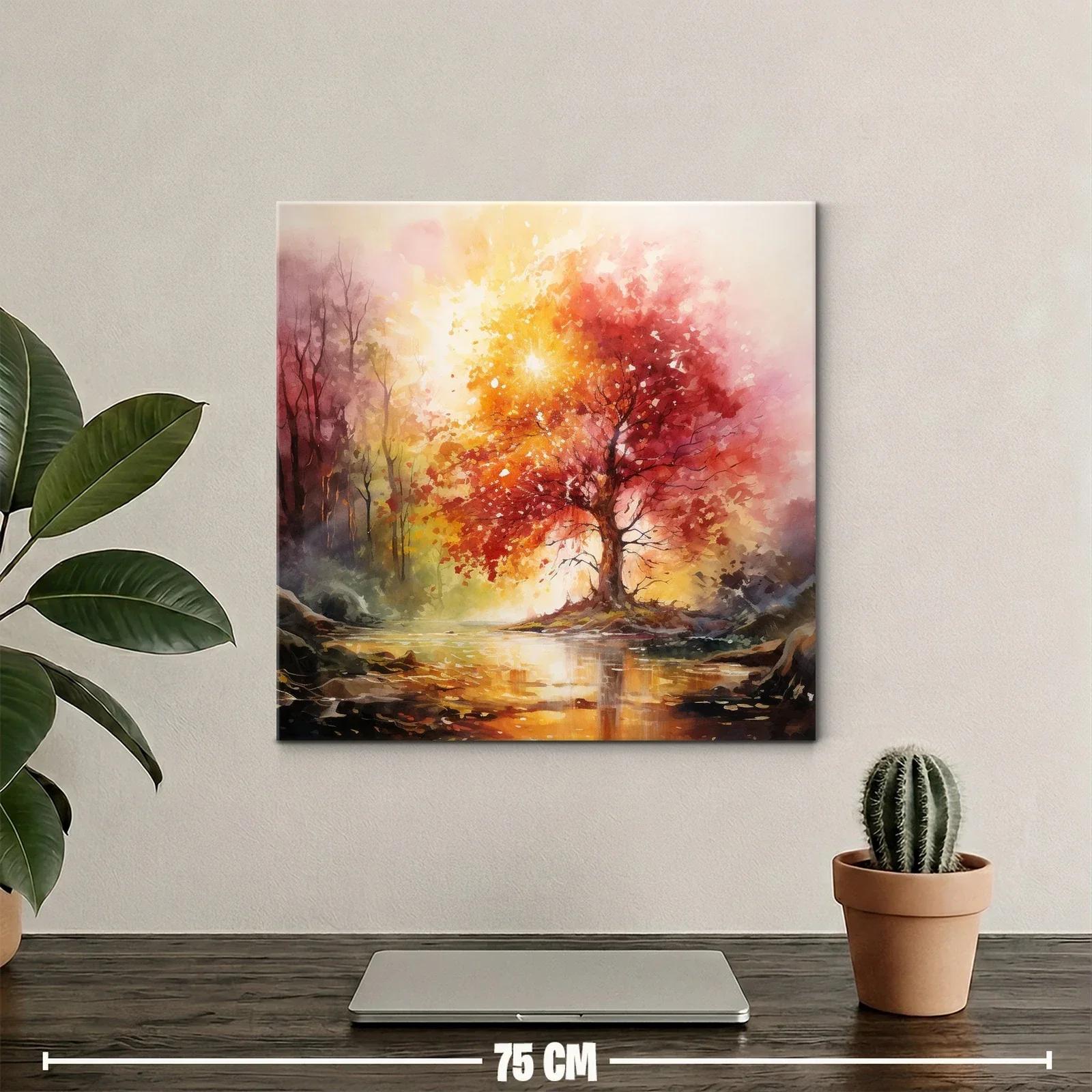 Atardecer en el bosque con árbol rojo y reflejos dorados — miniatura 2