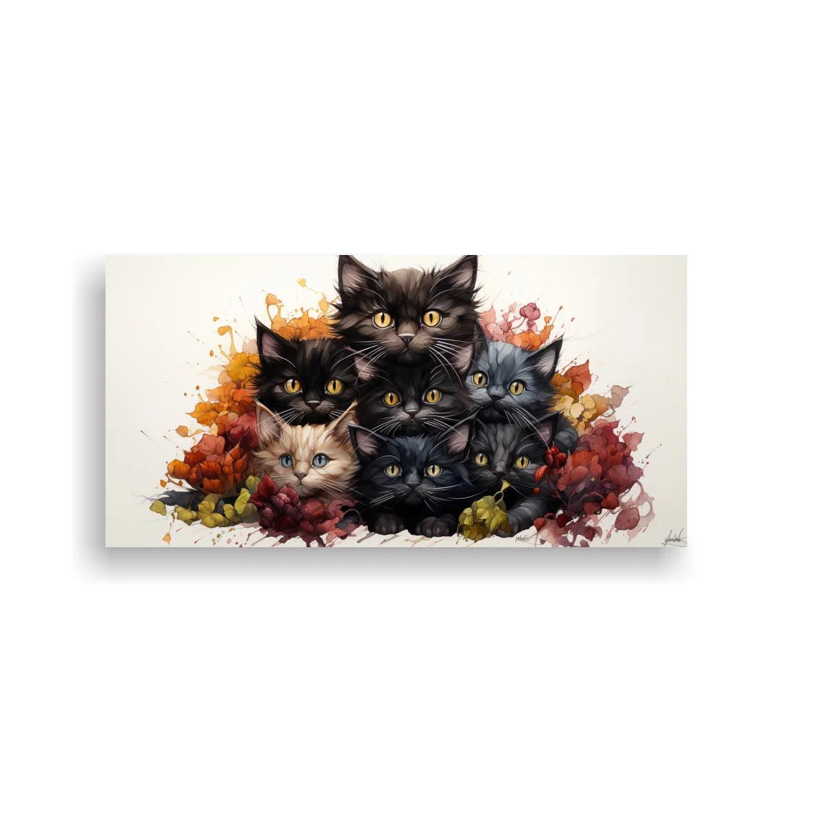 Cuadro grupo de gatos negros y un gato crema entre flores