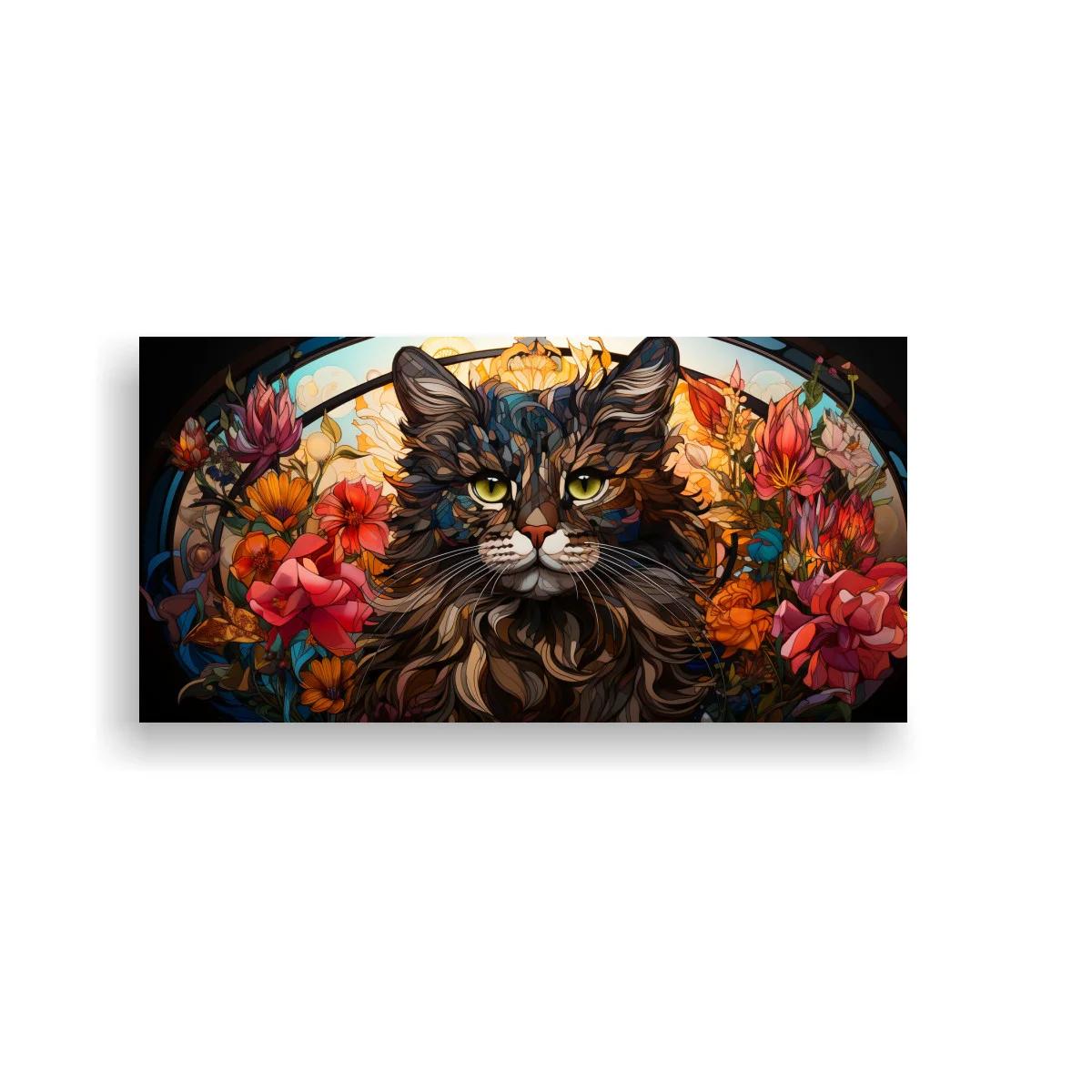 Cuadro gato de pelo largo entre flores