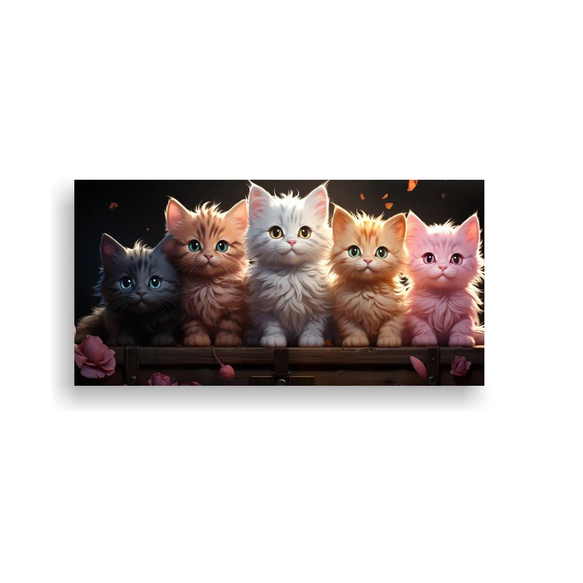 Cuadro cinco gatitos peludos sobre madera