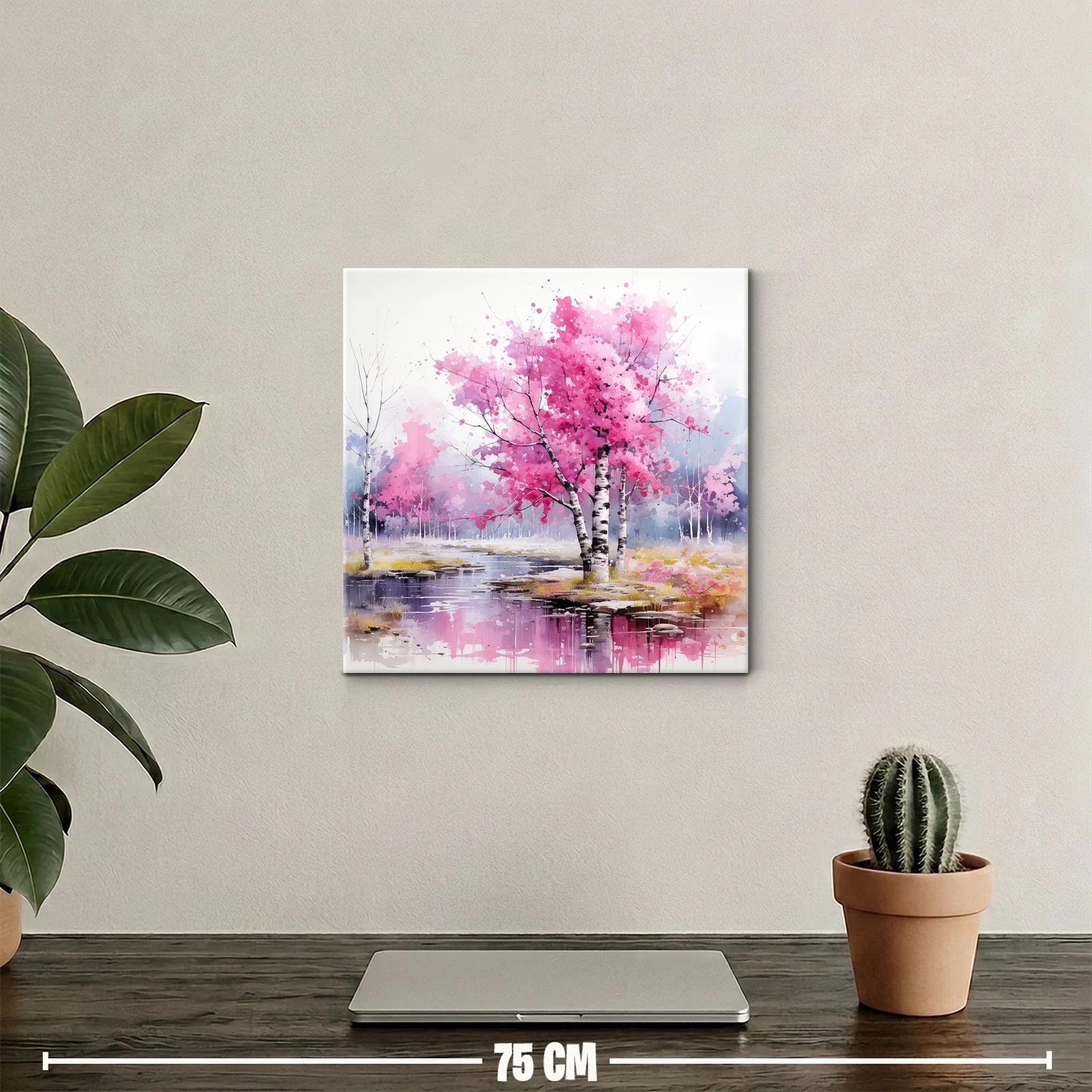 Paisaje de árboles rosas con reflejo en el agua sereno — miniatura 2
