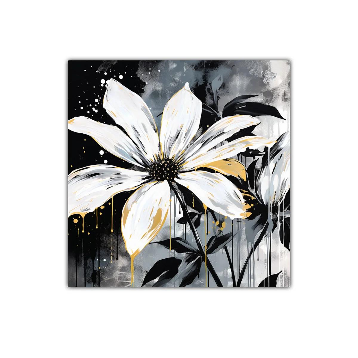 Gran flor blanca con pinceladas doradas sobre fondo oscuro — imagen principal