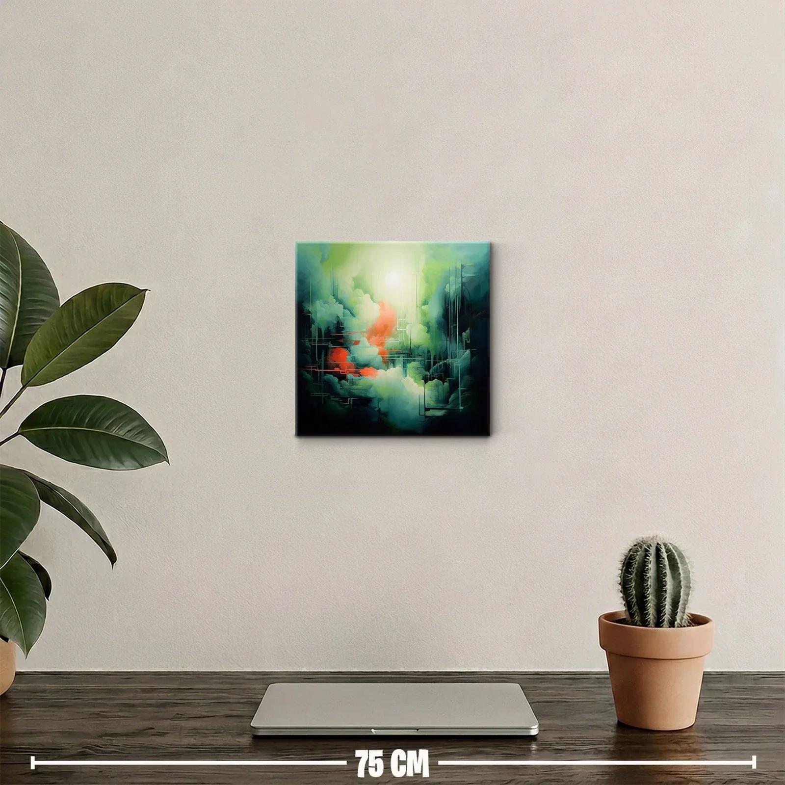 Cuadro abstracto con tonos verdes y toques cálidos vibrantes — miniatura 2