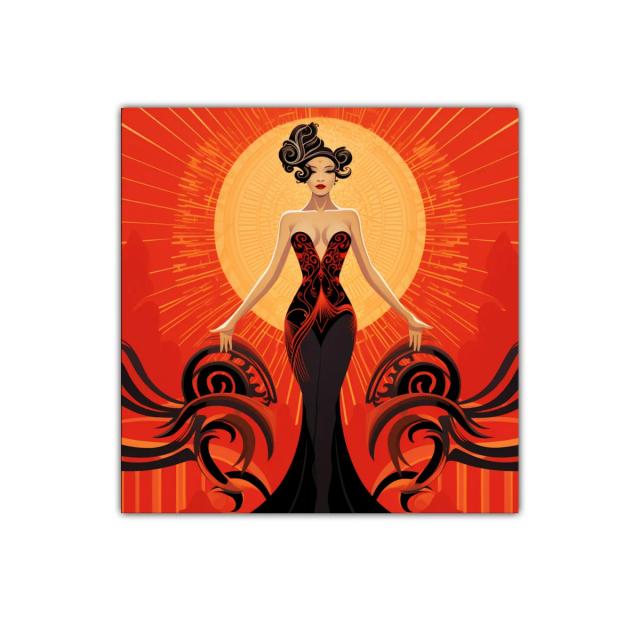 Figura femenina en vestido elegante con fondo solar vibrante