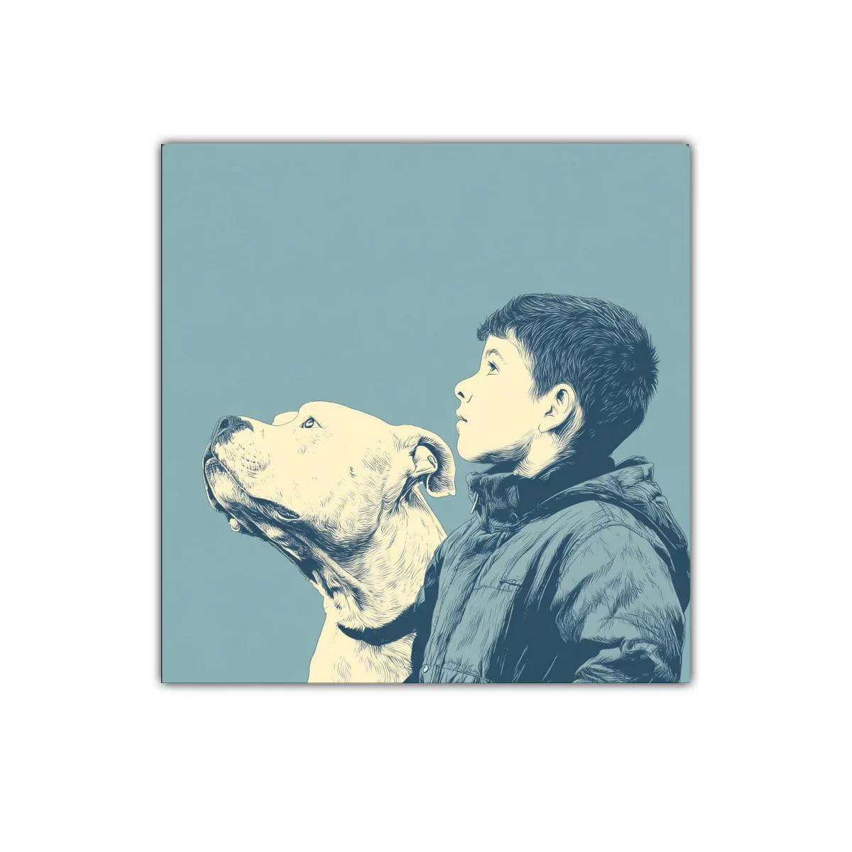 Retrato sereno de niño y perro en tonos azules suaves — imagen principal